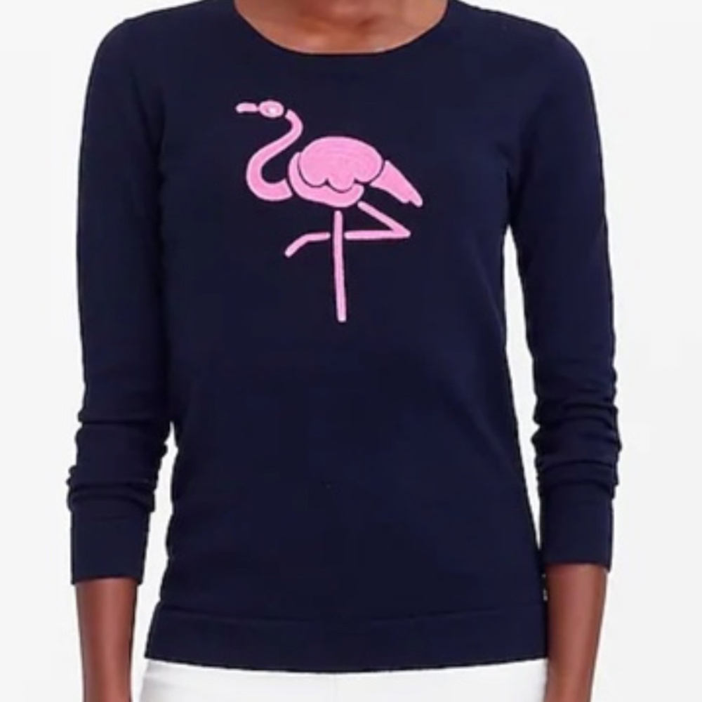 J. Crew Navy Teddie Sweater with Pink Flamingo Sz Small